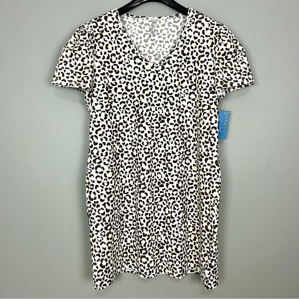 Lulu-B Leopard Puff Sleeve Shift Dress Women’s Size XL Stretch Knit Metallic